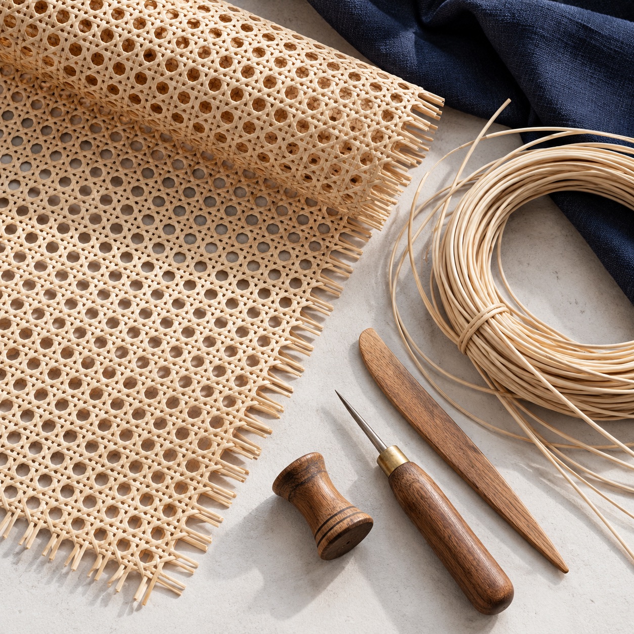 Illustrative study of cane webbing, reed and wooden weaving tools